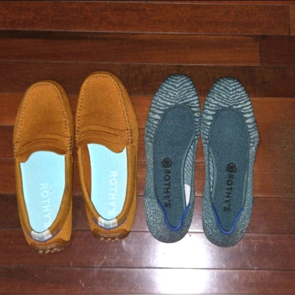 2 pairs Rothy's Women's Shoes in Cognac/Teal, Metallic Green